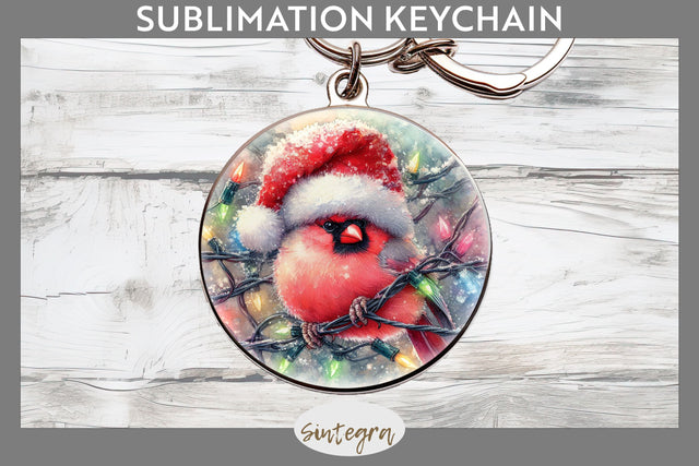 Christmas Cardinal Entangled in Lights Round Keychain Sublimation Sublimation Sintegra 