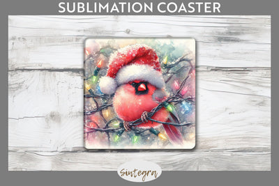 Christmas Cardinal Entangled in Lights Square Coaster Sublimation Sublimation Sintegra 