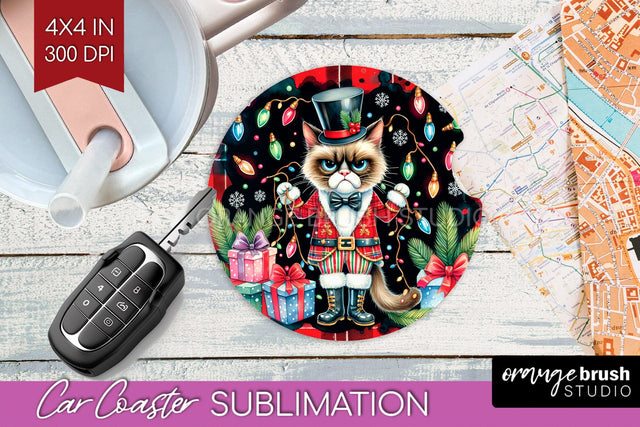 Christmas Cat Car Coaster - Funny Coaster PNG Sublimation Sublimation OrangeBrushStudio 