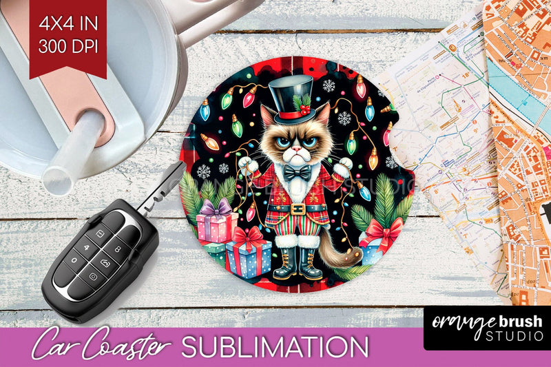Christmas Cat Car Coaster - Funny Coaster PNG Sublimation Sublimation OrangeBrushStudio 