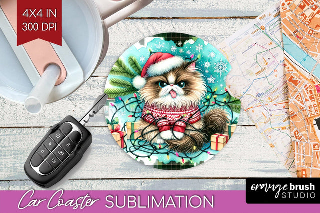 Christmas Cat Car Coaster - Funny Coaster PNG Sublimation Sublimation OrangeBrushStudio 