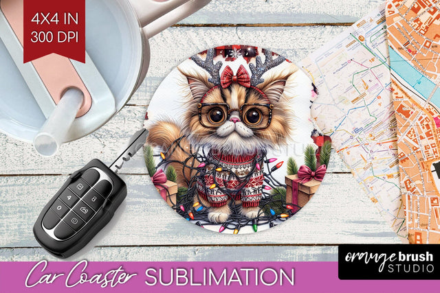 Christmas Cat Car Coaster - Funny Coaster PNG Sublimation Sublimation OrangeBrushStudio 