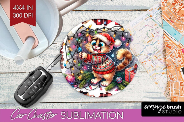 Christmas Cat Car Coaster - Funny Coaster PNG Sublimation Sublimation OrangeBrushStudio 