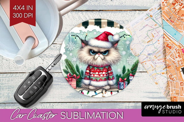 Christmas Cat Car Coaster - Funny Coaster PNG Sublimation Sublimation OrangeBrushStudio 