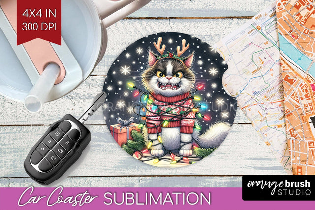 Christmas Cat Car Coaster - Funny Coaster PNG Sublimation Sublimation OrangeBrushStudio 