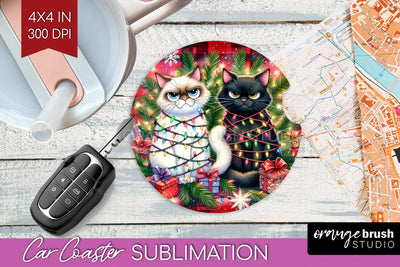 Christmas Cat Car Coaster - Funny Coaster PNG Sublimation Sublimation OrangeBrushStudio 