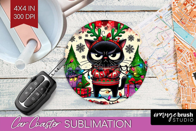 Christmas Cat Car Coaster - Funny Coaster PNG Sublimation Sublimation OrangeBrushStudio 