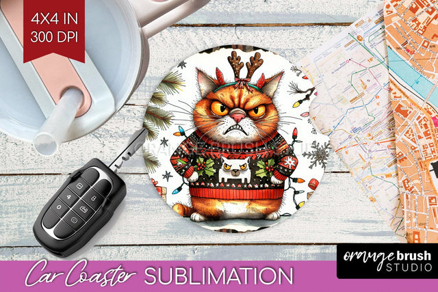 Christmas Cat Car Coaster - Funny Coaster PNG Sublimation Sublimation OrangeBrushStudio 