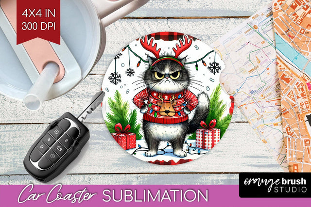 Christmas Cat Car Coaster - Funny Coaster PNG Sublimation Sublimation OrangeBrushStudio 
