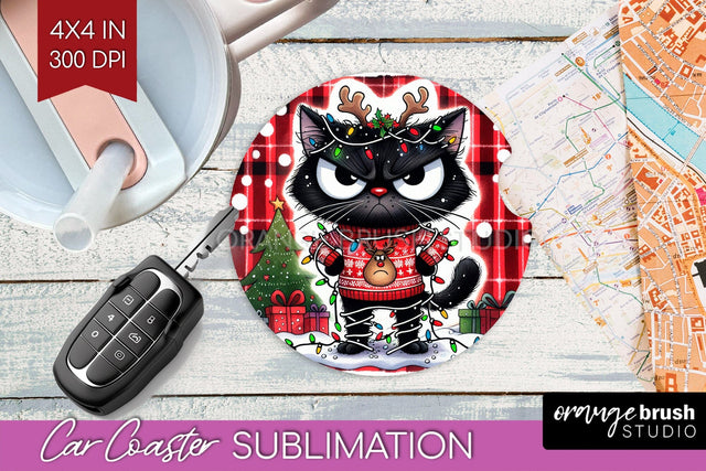 Christmas Cat Car Coaster - Funny Coaster PNG Sublimation Sublimation OrangeBrushStudio 