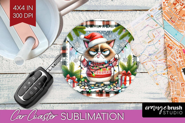Christmas Cat Car Coaster - Funny Coaster PNG Sublimation Sublimation OrangeBrushStudio 