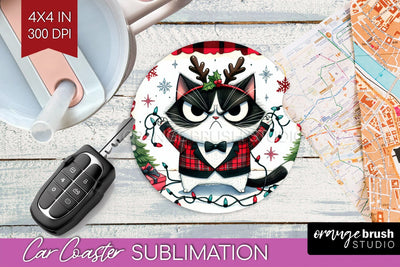 Christmas Cat Car Coaster - Funny Coaster PNG Sublimation Sublimation OrangeBrushStudio 
