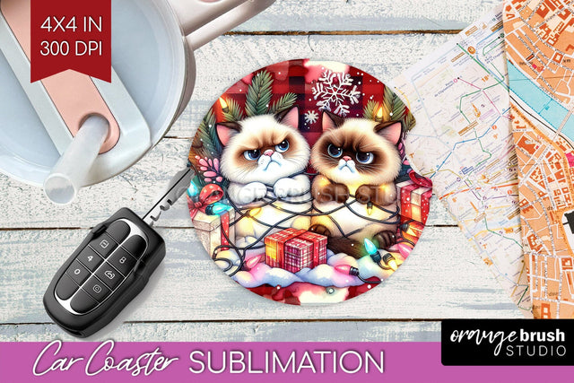 Christmas Cat Car Coaster - Funny Coaster PNG Sublimation Sublimation OrangeBrushStudio 