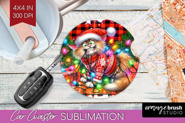 Christmas Cat Car Coaster - Funny Coaster PNG Sublimation Sublimation OrangeBrushStudio 