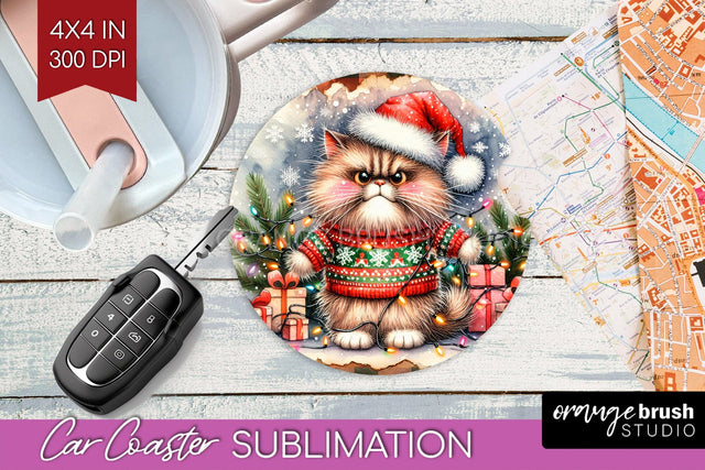 Christmas Cat Car Coaster - Funny Coaster PNG Sublimation Sublimation OrangeBrushStudio 