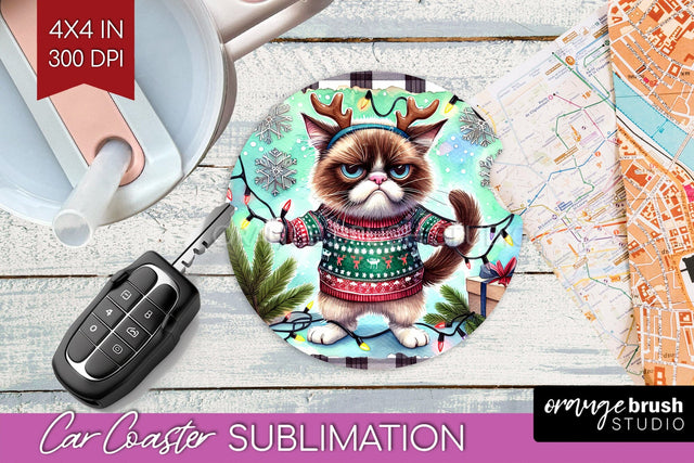Christmas Cat Car Coaster - Funny Coaster PNG Sublimation Sublimation OrangeBrushStudio 