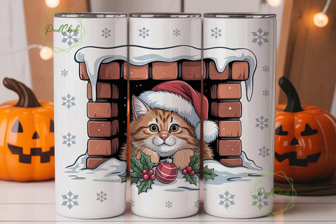 Christmas Cat Chimney 20oz Tumbler Wrap Sublimation PixelChick 
