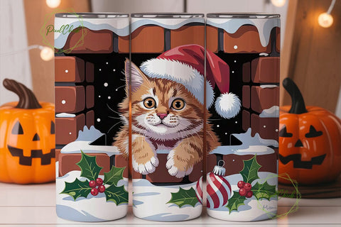 Christmas Cat Chimney 20oz Tumbler Wrap Sublimation PixelChick 