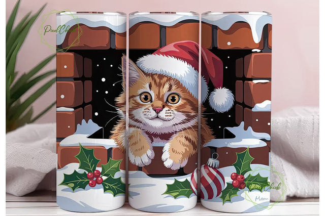 Christmas Cat Chimney 20oz Tumbler Wrap Sublimation PixelChick 