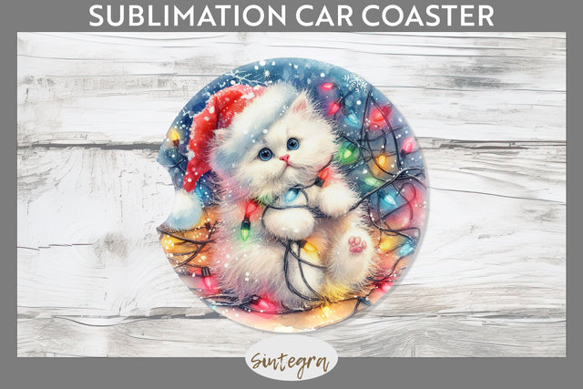 Christmas Cat Entangled in Lights Car Coaster Sublimation Sublimation Sintegra 