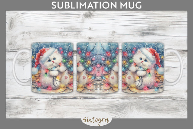 Christmas Cat Entangled in Lights Mug Wrap Sublimation Sublimation Sintegra 