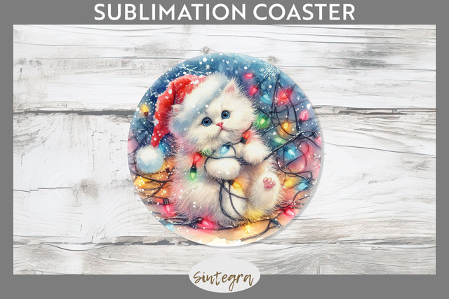 Christmas Cat Entangled in Lights Round Coaster Sublimation Sublimation Sintegra 