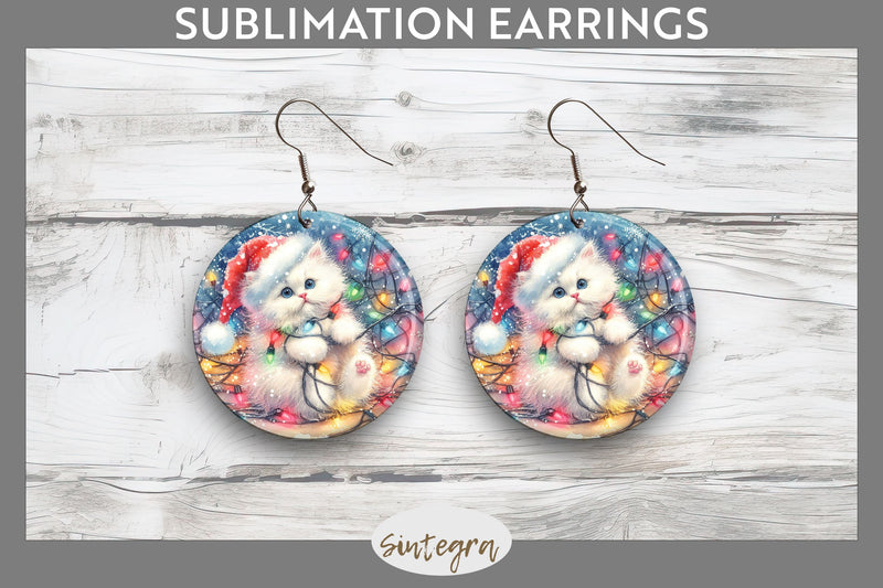 Christmas Cat Entangled in Lights Round Earrings Sublimation Sublimation Sintegra 