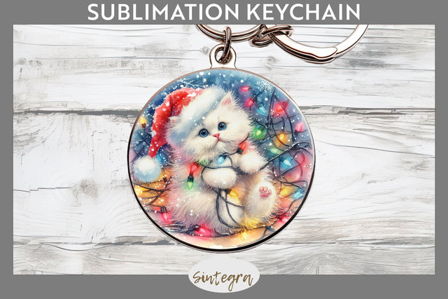 Christmas Cat Entangled in Lights Round Keychain Sublimation Sublimation Sintegra 