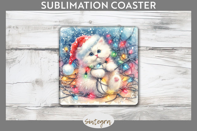 Christmas Cat Entangled in Lights Square Coaster Sublimation Sublimation Sintegra 
