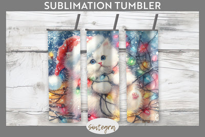 Christmas Cat Entangled in Lights Tumbler Sublimation 20 oz Skinny Sublimation Sintegra 