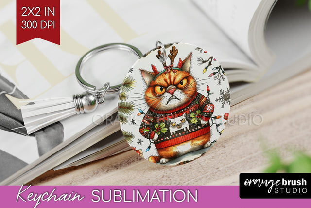 Christmas Cat Keychain PNG - Funny Keychain Sublimation Sublimation OrangeBrushStudio 