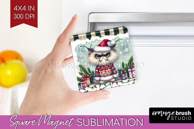 Christmas Cat Magnet Sublimation - Funny Square Magnet PNG Sublimation OrangeBrushStudio 