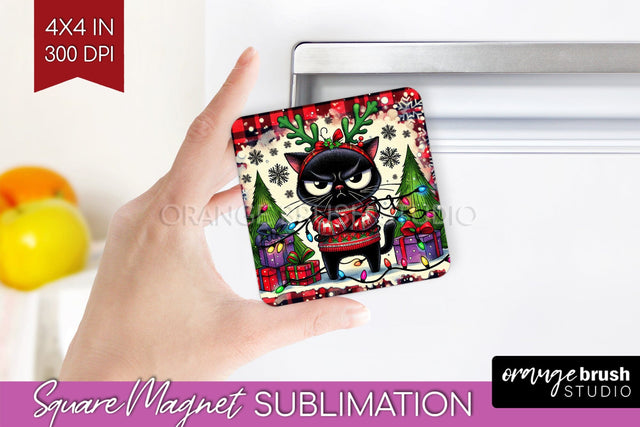 Christmas Cat Magnet Sublimation - Funny Square Magnet PNG Sublimation OrangeBrushStudio 