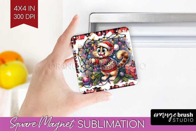 Christmas Cat Magnet Sublimation - Funny Square Magnet PNG Sublimation OrangeBrushStudio 