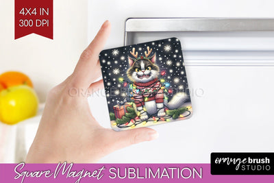 Christmas Cat Magnet Sublimation - Funny Square Magnet PNG Sublimation OrangeBrushStudio 