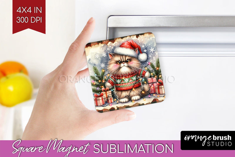 Christmas Cat Magnet Sublimation - Funny Square Magnet PNG Sublimation OrangeBrushStudio 