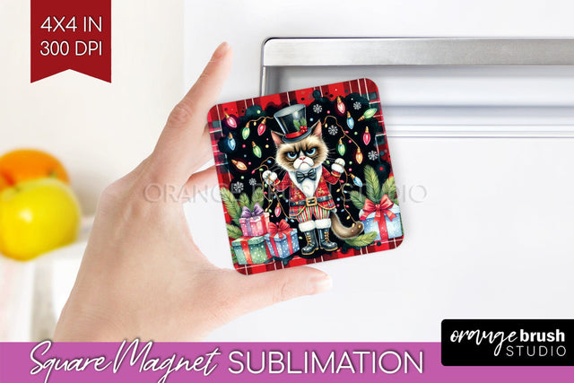 Christmas Cat Magnet Sublimation - Funny Square Magnet PNG Sublimation OrangeBrushStudio 
