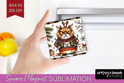 Christmas Cat Magnet Sublimation - Funny Square Magnet PNG Sublimation OrangeBrushStudio 