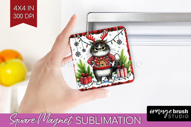 Christmas Cat Magnet Sublimation - Funny Square Magnet PNG Sublimation OrangeBrushStudio 