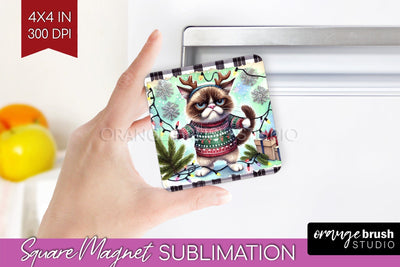 Christmas Cat Magnet Sublimation - Funny Square Magnet PNG Sublimation OrangeBrushStudio 