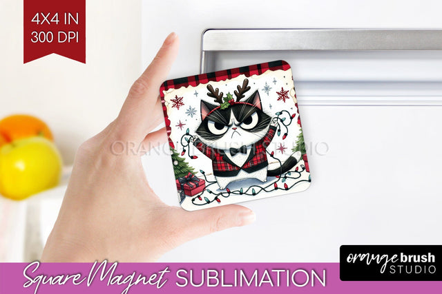 Christmas Cat Magnet Sublimation - Funny Square Magnet PNG Sublimation OrangeBrushStudio 