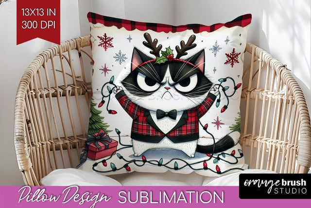 Christmas Cat Pillow Sublimation - Funny Pillow Cover PNG Sublimation OrangeBrushStudio 