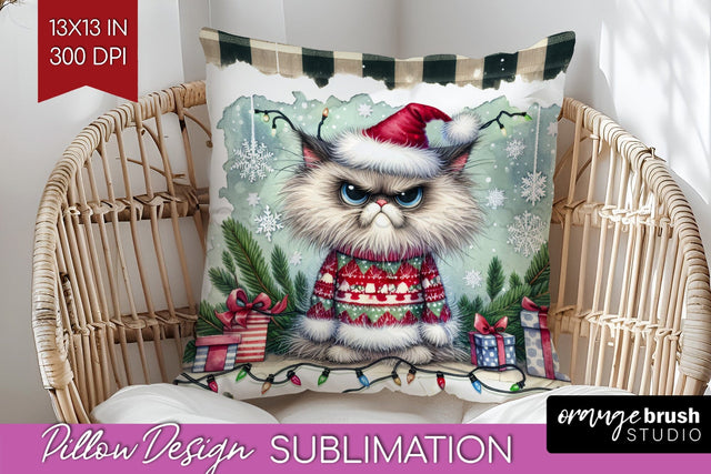 Christmas Cat Pillow Sublimation - Funny Pillow Cover PNG Sublimation OrangeBrushStudio 