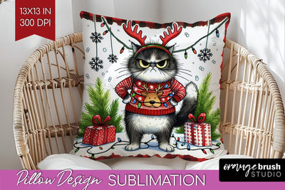 Christmas Cat Pillow Sublimation - Funny Pillow Cover PNG Sublimation OrangeBrushStudio 