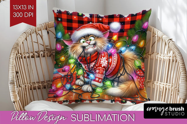Christmas Cat Pillow Sublimation - Funny Pillow Cover PNG Sublimation OrangeBrushStudio 