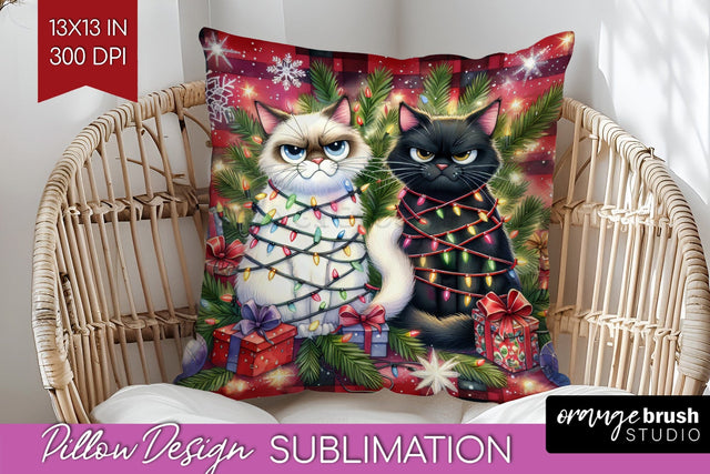 Christmas Cat Pillow Sublimation - Funny Pillow Cover PNG Sublimation OrangeBrushStudio 
