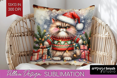 Christmas Cat Pillow Sublimation - Funny Pillow Cover PNG Sublimation OrangeBrushStudio 