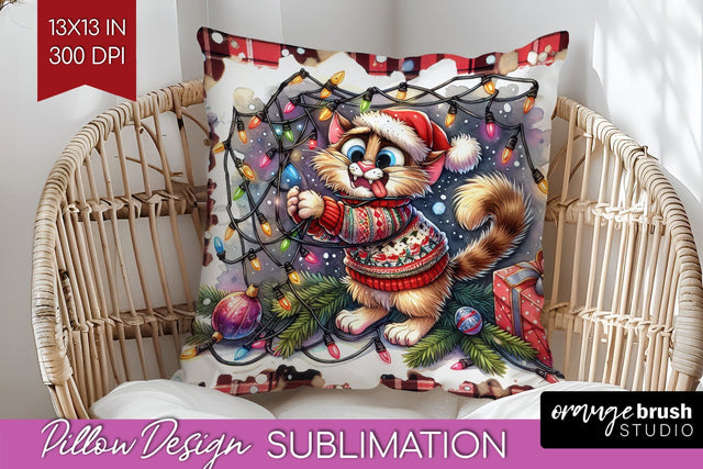 Christmas Cat Pillow Sublimation - Funny Pillow Cover PNG Sublimation OrangeBrushStudio 