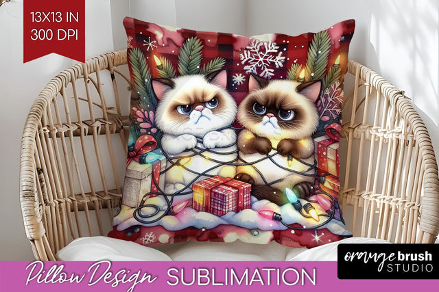 Christmas Cat Pillow Sublimation - Funny Pillow Cover PNG Sublimation OrangeBrushStudio 