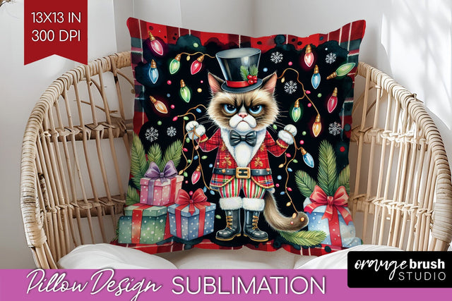 Christmas Cat Pillow Sublimation - Funny Pillow Cover PNG Sublimation OrangeBrushStudio 